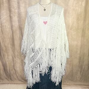 Vintage 70s Crochet Fringe Shawl Sweater White Knit Open Front Cottage Peasant